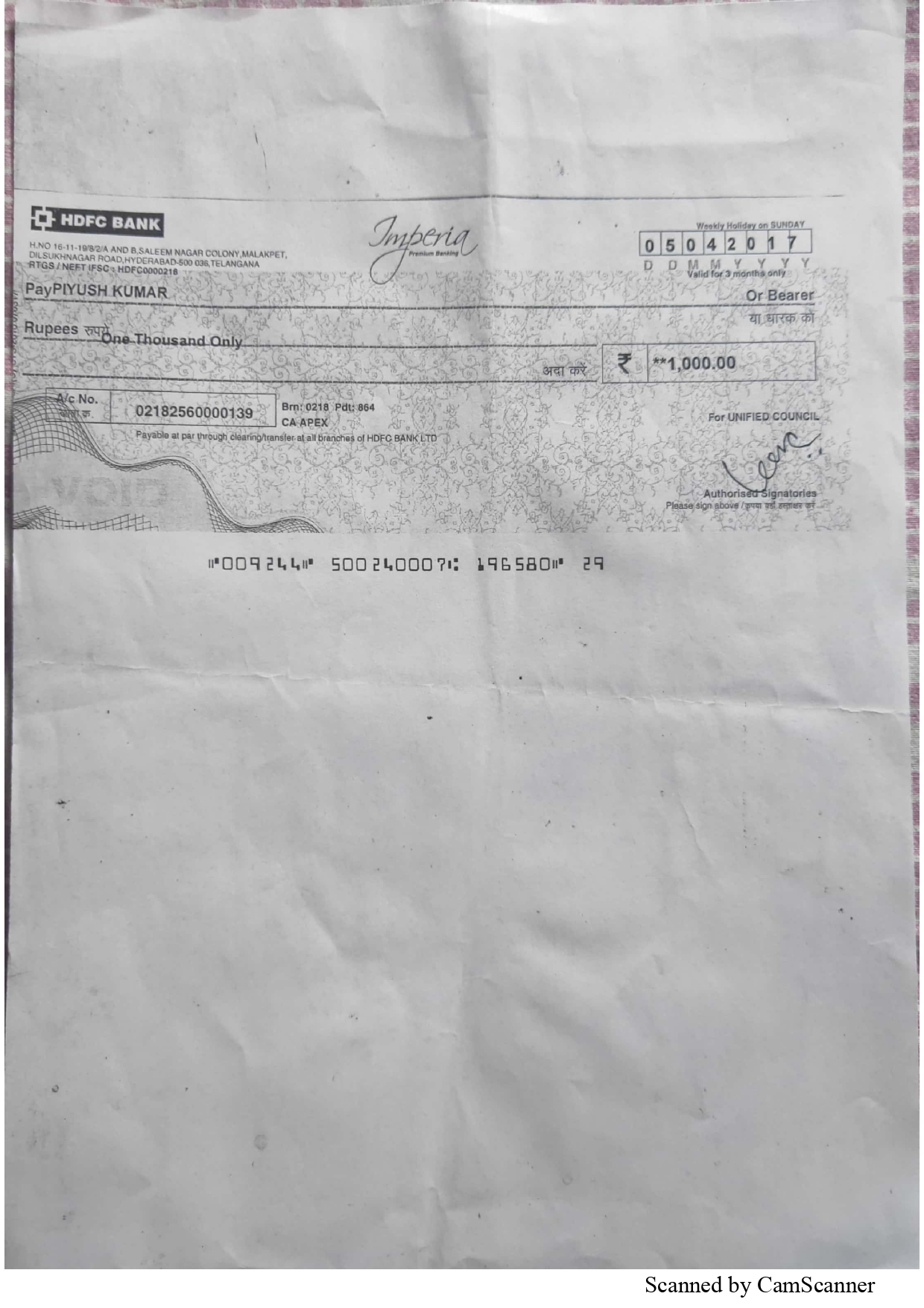 Unified Council cash prize cheque